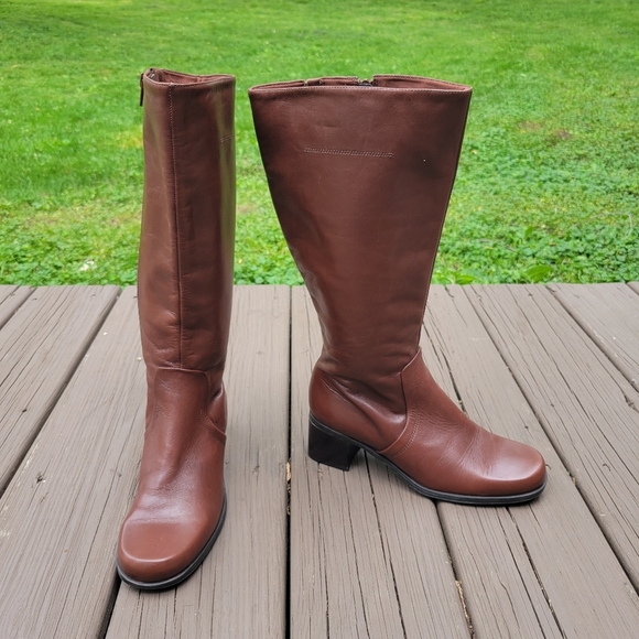 Vintage 90s y2k Bratz Brown Leather Chunky Block Heel Equestrian Tall Boots 7.5 - Picture 1 of 9